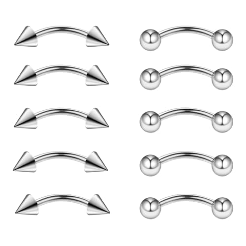Gojewen 10pcs Curved Barbells 10mm for Eyebrow Lip Daith Rook Helix Septum Bridge Belly Bar Piercing 16G Spike Stainless Steel