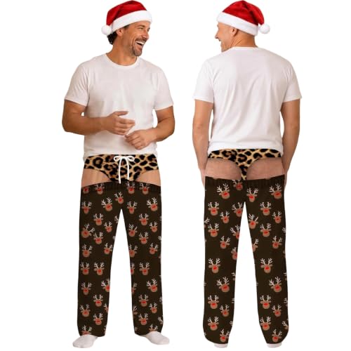Lustig Schlafanzughosen Herren Lang Weihnachts Pyjamahose mit Po-Aufdruck