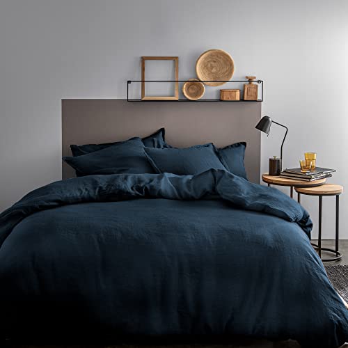 MATT & ROSE Parure de lit 240x260 cm Unie Lin LAVÉ | 100% Lin Lavé | Oeko-TEX | Housse de Couette 240x260 + 2 Taies d'oreiller 65x65 cm | Marine