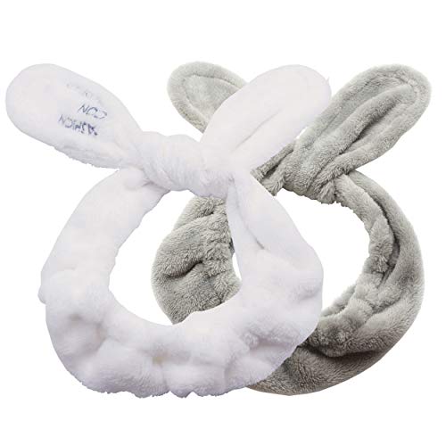 Dofash 2Pcs A Cute Bunny Ears Face Wash Headband, Skincare Makeup Headband, Beauty Lovely Spa Headbands With Delicate Bag For Girls And Woman, White and Gray