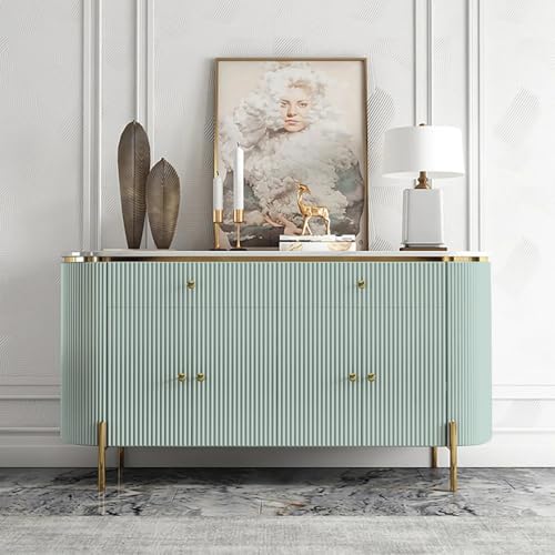 Image of Modern Console Table, 55 x 15 x 30 inch, White Ribbed Design, Marble Top, Gold Accents, 4-Door Storage Cabinet, Waterproof Plywood, PVD-Coated Legs, Elegant Entryway (Sky Blue)