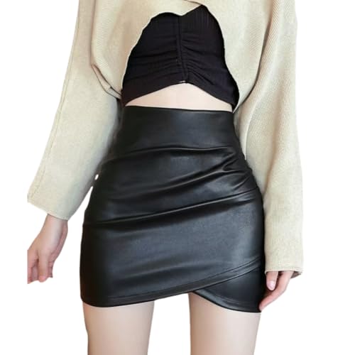 Women's Asymmetrical Wrap Skirt Ruched Tulip Hem Faux Leather Mini Skirts with Lining Shorts