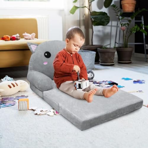 Toddler Chair Kids Sofa - 2 in 1 Flip Out Couch & Mini Sofa for Girls & Boys, Baby Couch for 1-4 Year Olds - Cute & Comfy (Gray Cat)