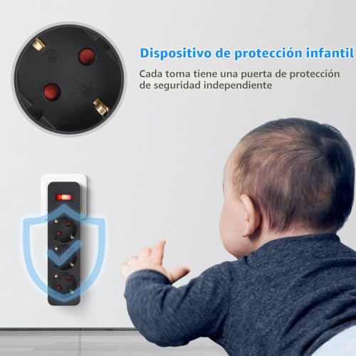 Miniatura 5 de Aigostar Adaptador Enchufes Plano Con 3 Tomas Y Interruptor,Ladron Enchufes Con Protección Infantil,Enchufe De Pared,16a,250v,Negro