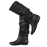  Bigtree Damen Stiefel Kniehoch Slouchy Gemütlich Flach Pull On Lange Stiefel Klassisch Western Kampfstiefel Winter Herbst Schnee Stiefel Schwarz