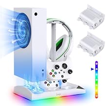 Charging & Cooling Fan Stand for Xbox Series S, Dual Controller Charger Station & Cooler System with 15 LED Light Modes, Headset Hook,USB C Cable, Accessories for XSS with 2x1400mAh Batteries White