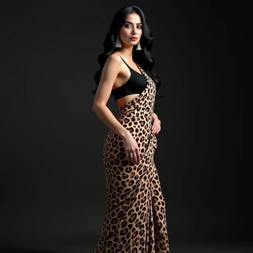 Image of StyleScope Women's Tiger Digital Printed Japan Satin Saree With Unstitched Blouse Piece (Tiger Multicolour Free Size)