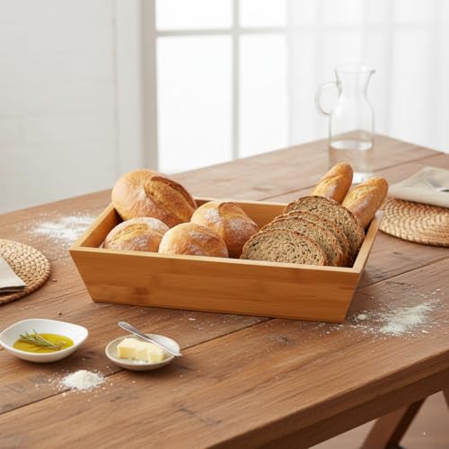 Bambu Ekmek Sepeti ve Sunumluk (33x15x7 cm) | Doğal Ahşap Modern Meyve, Sebze ve Servis Sepeti | Antibakteriyel ve Tezgah Üstü Düzenleyici