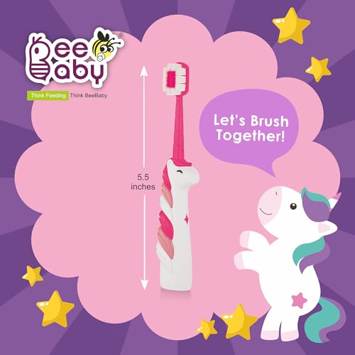 Image of BeeBaby Brush Buddy Baby Toothbrush for Kids 3-6 Years, Ultra Soft Tapered Bristles Toddler Toothbrush for Milk & Permanent Teeth, BPA Free Easy Grip Toothbrush for Sensitive Gums, Pack of 2. Elephant Violet Unicorn Pink