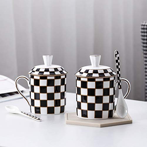Porlien Checker Pattern Mug Set Of 2 With Lid And Spoon, 15Oz, Matching Checker Dinnerware Set #TOP5