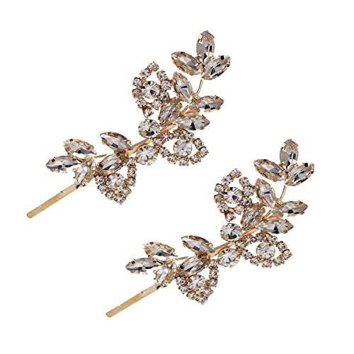 HJYHYN Rhinestone Bridal Hair Clips(2PCS) Leaf Wedding Hairpin Bride Pearl Crystal Hair Clips Gold Rhinestone Barrette Elegant Bridal Hair Accessories