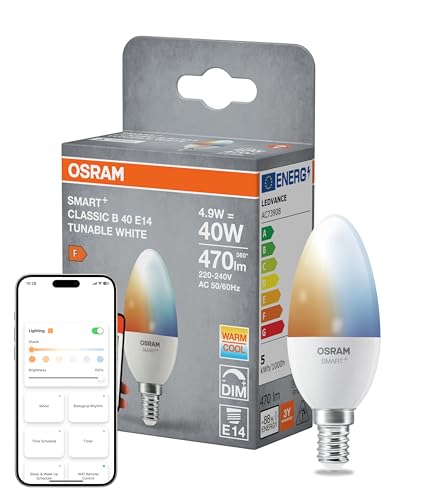 OSRAM Lámpara LED SMART+ B40, forma de vela E14, Tunable White, controlable mediante aplicación y voz, regulable, compatible con Matter, blanco cálido a frío