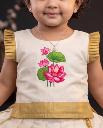 Image of Stanwells Kids Baby Girl Dress Cream Gold Pattu Pavadai Cotton Silk Lehenga Choli Kerala Kasavu South Indian Onam Festival Traditional Ethnic Wear