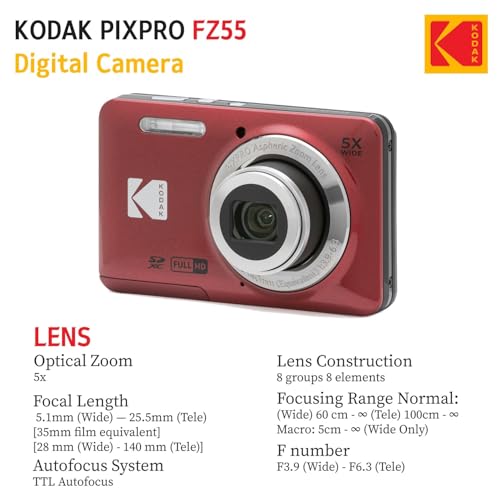 Image of KODAK PIXPRO FZ55 16MP Digital Point & Shoot Camera, 5X Optical Zoom, 28mm Wide Angle, 1080P Full HD Video, Bundle with 32GB SD Card, Protective Case, and Hi-Speed Card Reader (Red)