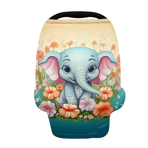 Image of ZFRXIGN Flower Elephant Baby Car Seat Covers, Nursing Cover Breastfeeding Scarf Cartoon Cute Stretchy Coverage, Infant Stroller Cover for Boys Girls