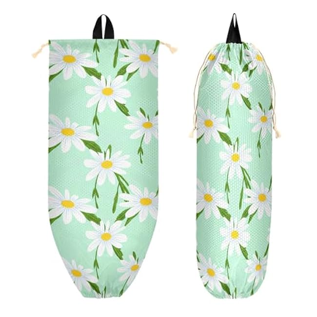 xigua White Daisies Plastic Bag Holder Wall Mount with Drawstring 2 Pack, Reusable Grocery Bag Organizer Decor for Bags, Socks, Underwear, And Neckties