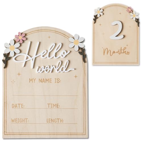 Image of MEMOLEBIA Baby Announcement Sign, Hello World Newborn Sign for Hospital, She’s Here Card, Baby Announcements Ideas, Newborn Photography Props Double-Sided (HW4)