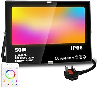 LED Floodlight Outdoor 50W 5000LM, Smart RGB Flood Lights with APP Control, Colour Changing + Warm White, Timing - DIY Scene - Garden Lighting, IP66, UK Plug1 Packs