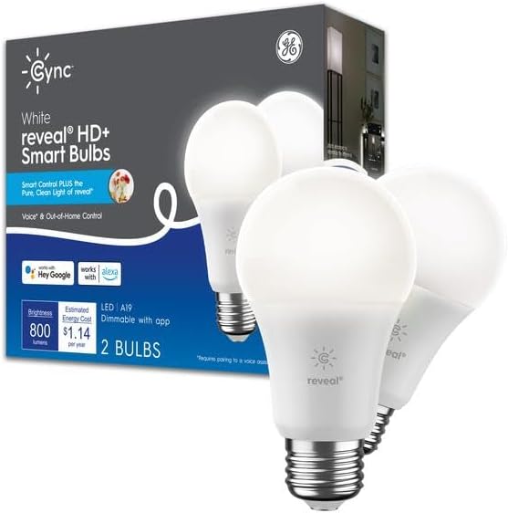 Cync White Reveal® Smart Bulbs (2 LED A19 Bulbs), 60W Replacement, Bluetooth/Wifi Enabled, Compatible With Alexa, Google Assistant Without Hub