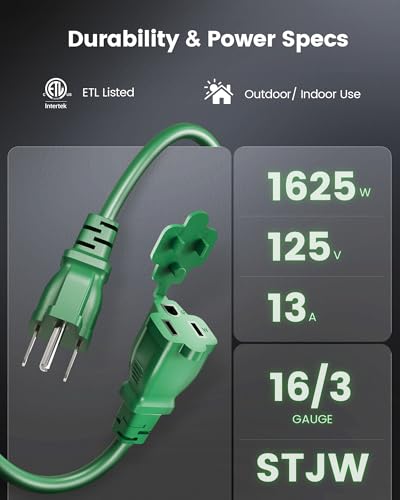 Image of Suraielec 25ft Outdoor Extension Cord with Multiple Outlets 3 Outlet Power Cord 16 /3 Gauge SJTW Weatherproof for Landscape Christmas Tree Lights