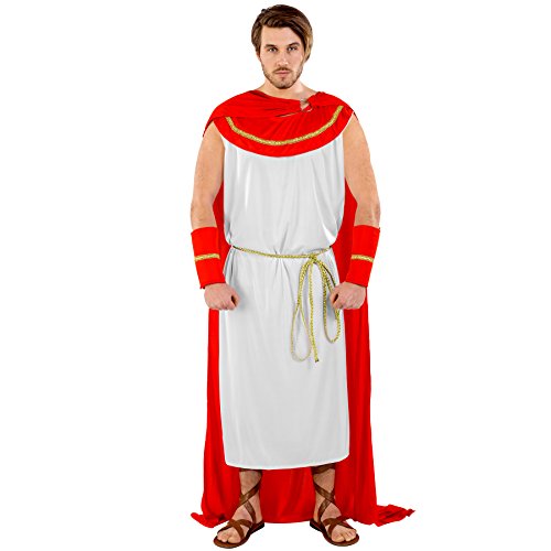 Il costume per uomo da antico romano Tiberio si compone di un’elegante veste lunga dal look antico e signorile, un collare applicato con bordura dorata, bracciali rossi in tono, una bordura dorata con chiusura in velcro e una cintura dorata da allacciare in vita.