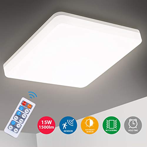 Preisvergleich Produktbild Oeegoo Deckenleuchte mit Bewegungsmelder, 15W 1500LM Flimmerfreie LED Deckenlampe mit Fernbedienung, IP44 Wasserdichte Badlampe Sensorleuchte für Garage, Badezimmer, Keller, Lager, Haustür, Flur 4000K