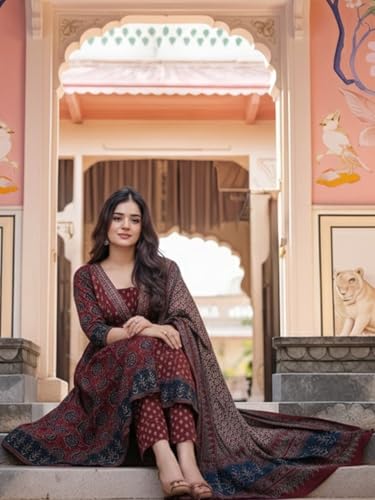Image of ASSUME FAB Women's Blue Viscose Ajrakh Print Anarkali Kurta with Pant & Dupatta Set | Ethnic V-Neck Flared Salwar Suit for Wedding