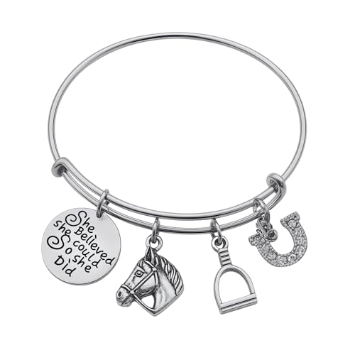 Inspirational Horse Charm Bracelet – “She Believed She Could” Gift – Adjustable Equestrian Jewelry Bangle for Women, Horse Lovers, Cowgirls