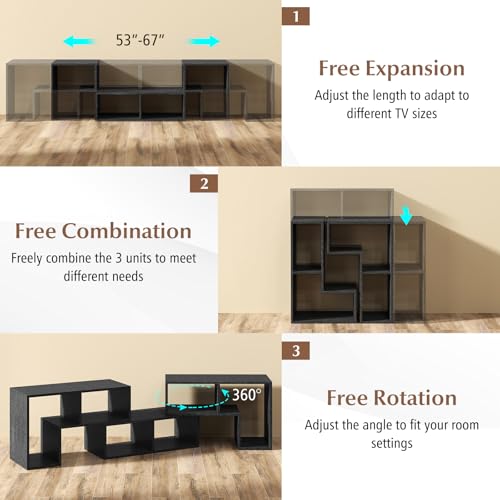 Image of Giantex Free-Combination TV Stand for Bedroom - Entertainment Center for 50 55 60 65 Inch TV, 3-Piece Media Console Table with Storage Cubes, Deformable Open Storage Bookcase Shelf (Black Wood Grain)