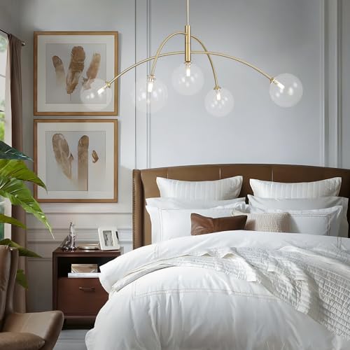 Image of 5 Light Modern Brass Chandelier Fixture White Clear Globe Glass Shade Pendant Light Gold Kitchen Ceiling Large Chandelier for Dining Room Kitchen Bedroom
