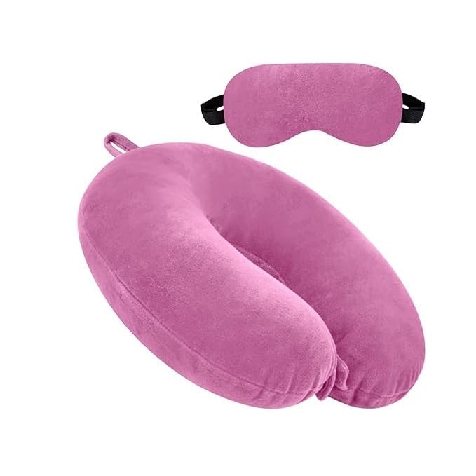 AGS MART Pink Travel Neck Pillow with Button Closure & Eye Mask Set | Soft Fiber Filled U-Shape Head & Neck Support Cushion for Airplane, Car & Office Use | Button Closure (Pink)-image-36