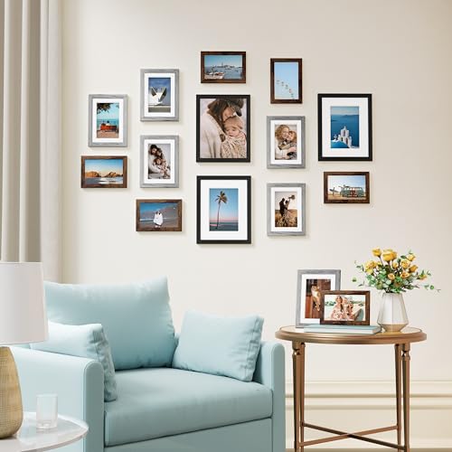 Image of Vittanly 15 Pack Picture Frames Collage Wall Decor for Mounting or Tabletop Display, Gallery Frame Set for Family, Multi Sizes Including 3pcs 8x10, 6pcs 5x7, 6pcs 4x6, Black, Brown and Grey