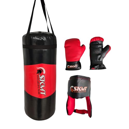 Image of SKMT Never Lose Until You Win Escobar Kids PVC Boxing Kit Filled Punching Bag, Gloves and Headgear (Red and Black, Age 2-8 Years)
