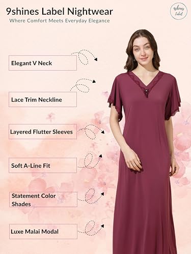 Image of 9shines Label Stylish Soft Modal Maxi Nighty | Honeymoon Nighty | Full Length Trendy Nightgown | V-Neck Lace | Premium Nightdress | Soft Long Nightdress | Maxi Gown Nightwear for Women (Malai Satin)