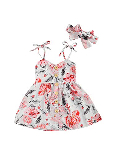 Toddler Baby Girl Dress Sleeveless Halter Strap Floral Sundress Button Down Skirt Summer Outfit Clothes (Red, 6-12 Months)