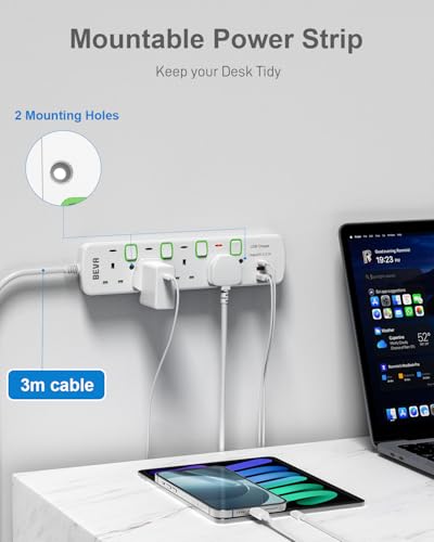 Extension Lead 3M with USB Slots, BEVA 4 Way Extension Socket With Individual Switches and 2 USB-A &1 USB-C Ports, Multiplug 3 Meter Extension Cable Mountable Power Strip 13A 3250W - Image 3
