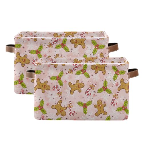 Image of Christmas Gingerbread Man Pink Storage Basket Fabric Kitchen Baskets Candy Cane Poinsettia Winter Open Home Storage Bins Boxes Foldable Organizer Bag for Xmas Decorations Baskets 16x12x8 Inches 2 Pack