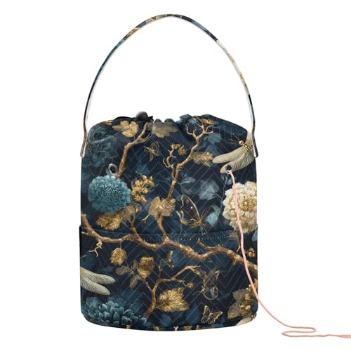 Image of ElliTarr Crochet Bag Yarn Bag with Handle Portable Knitting Project Bag Travel Yarn Storage Organizer Holder Case Mystical Flowers and Dragonflies