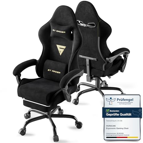 Le migliori sedie da gaming nere Huracan Sedia da Gaming Ergonomica, Gamer chair Con Cuscino Lombare + Poggiatesta, Sedia Gamer Regolabile In Altezza, Poltrona da gaming Schienale Inclinabile, Poggiapiedi Incluso, Nero