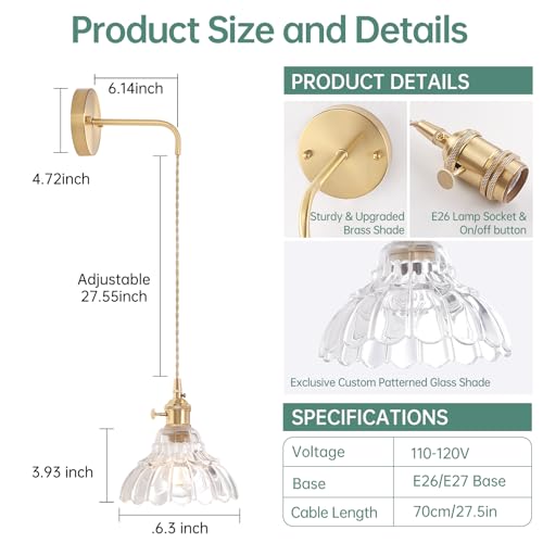 Image of Shenmoyl Vintage Wall Sconce with Clear Lily of the Valley Shade Pattern Glass Adjustable Chain Retro Gold Wall Mounted Light, Modern Wall Lamp Fixtures Decor for Bedside Bedroom Indoor Doorway