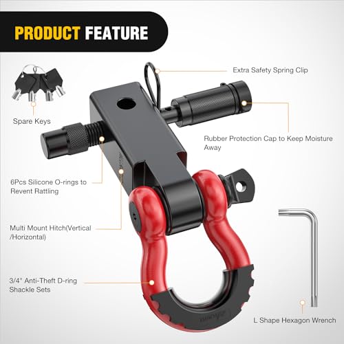 Image of Nilight Anti-Theft Shackle Hitch Receiver 2Inch 45000 LBs Breaking Strength 3 /4 inch Anti-Theft D Ring Shackle 5 /8 inch Trailer Hitch Lock Pin Heavy Duty Solid Towing Kit for Trucks Off Road (Red&Black)