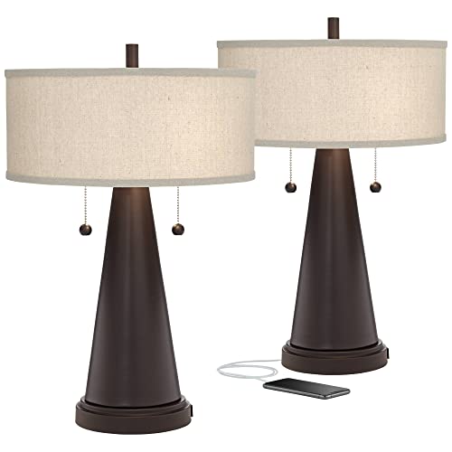 Rustic Farmhouse Accent Table Lamps Set of 2 for Bedroom or Living Room with USB Charging Port