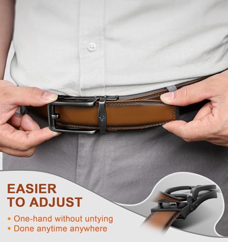 Image of BULLIANT Men Ratchet Belt 2 Pack, Click Sliding Leather Belt Adjustable for Gift Men Dress Casual Jeans 1 3 /8,Cut for Fit