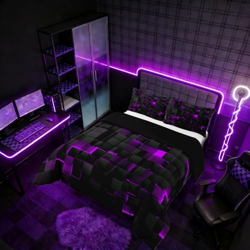 Image of Erosebridal Black Purple Comforter Set Queen Neon Geometric Checkered Bedding Set for Girls Teen Women,Tereoscopic Grids Comforter Square Plaid Quilt Duvet Room Decor 3 Pcs