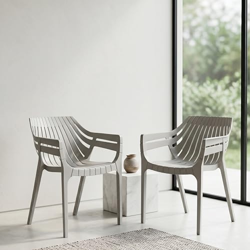 Image of OAKNEST Supreme Spectrum Plastic Arm Chair - Modern Slatted Stackable Chair for Living Room, Dining, Garden, Balcony, Restaurant & Cafe | Indoor Outdoor Designer Chair, Set of 2, Champagne
