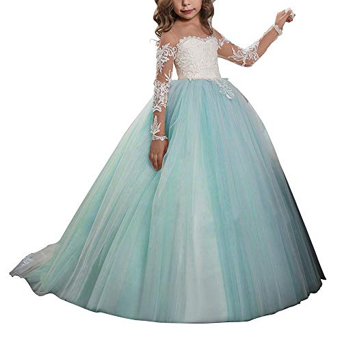 Photo 1 of Abaowedding Lace Embroidery Sheer Long Sleeves Kids Trailing Gowns Aqua 2