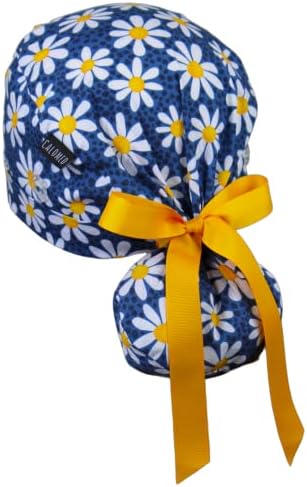 Scrub Cap for Women and Men, Ponytail Scrub Caps, Working Hat, Head Cover with Ribbon Ties and Buttons, Long Hair