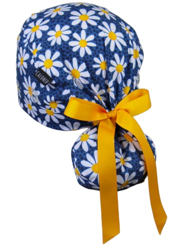 Image of Scrub Cap for Women and Men, Ponytail Scrub Caps, Working Hat, Head Cover with Ribbon Ties and Buttons, Long Hair