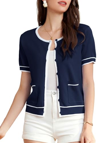 GRACE KARIN Short Sleeve Contrast Cardigan Sweaters for Women Summer Casual Striped Button Down Bolero Shrug