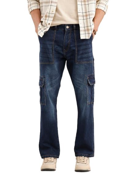 Image of WROGN Men's Cotton Stretch Cargo Jeans | Solid | Straight Fit